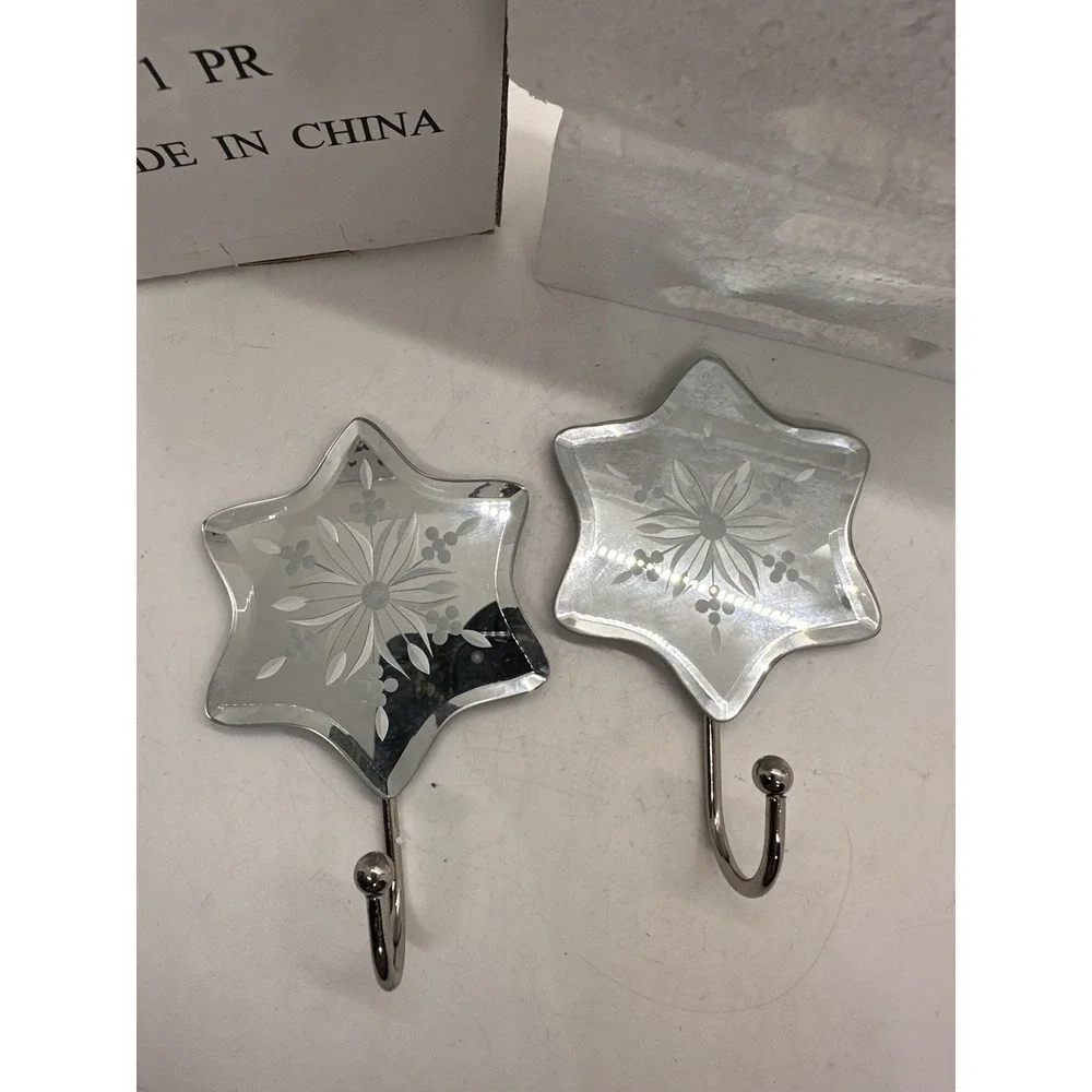 Etched Glass Star Wall Hooks Set of 2 Decorative Silver Coat‎ Hooks